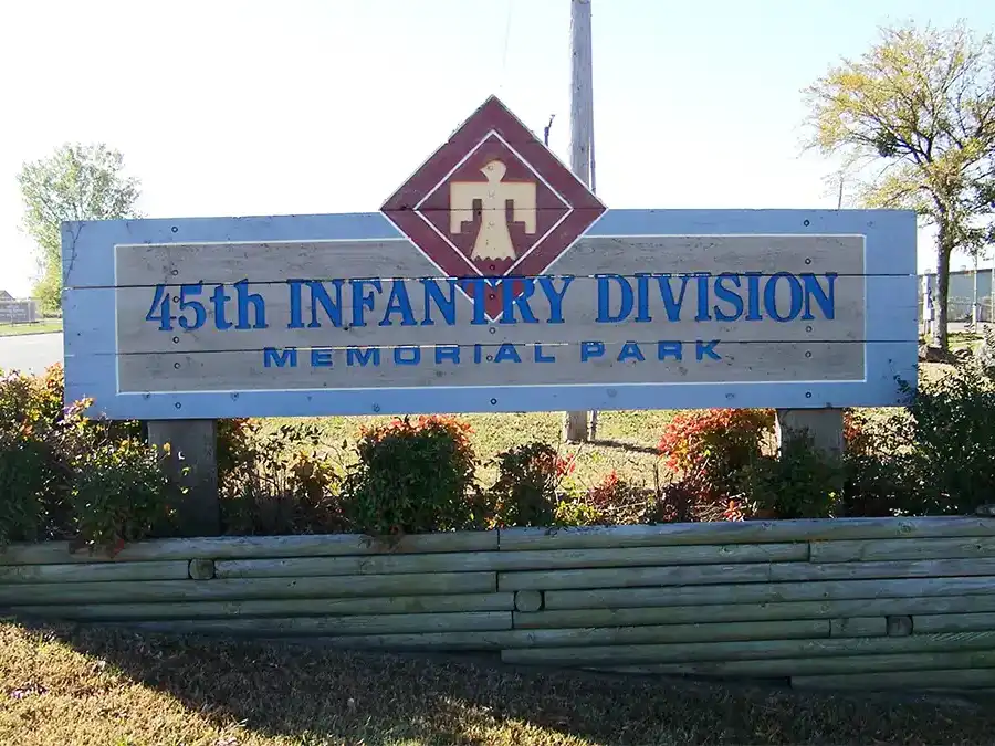 Welcome sign at 45th Infantry Division Memorial Park, Atoka, Oklahoma