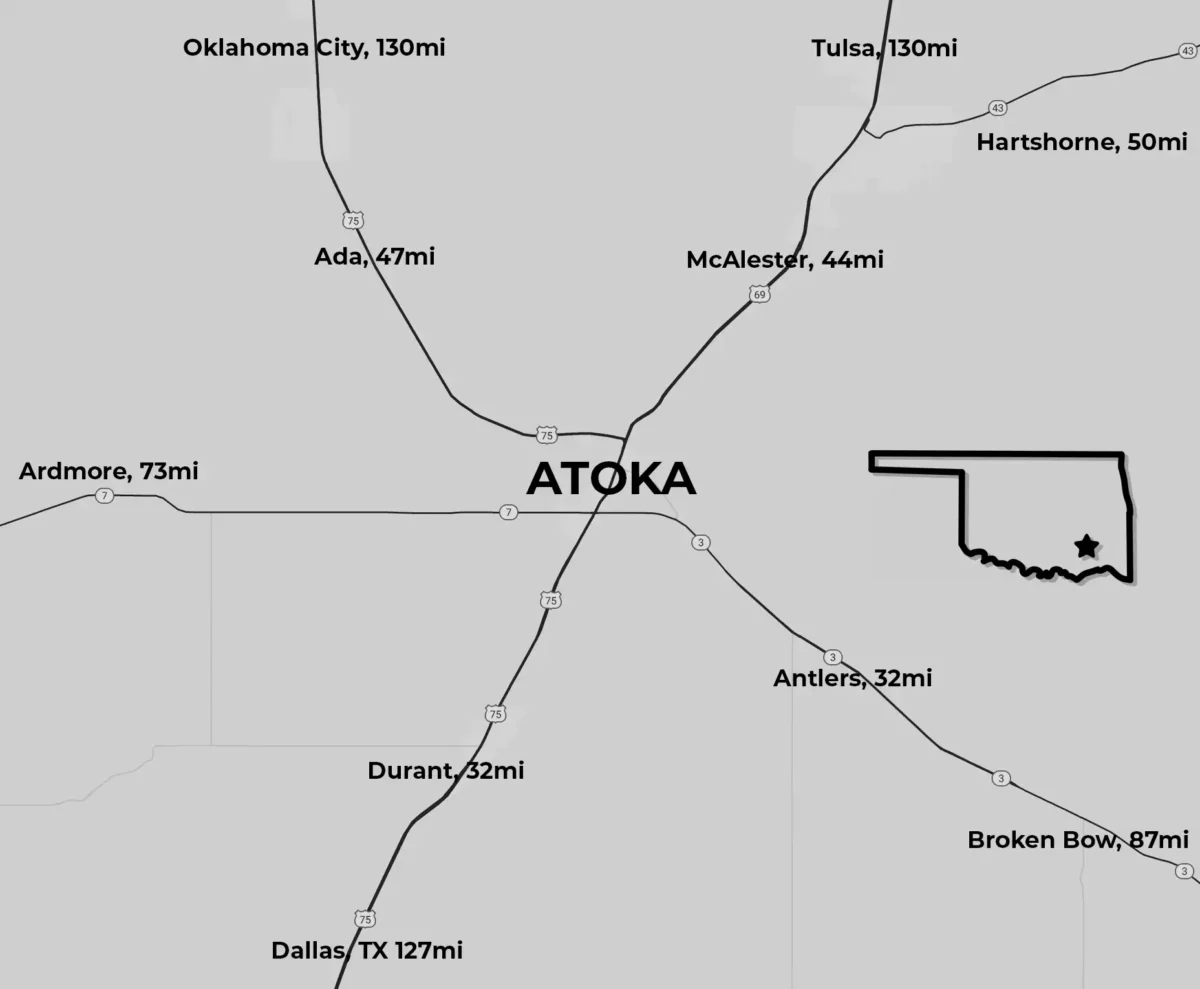 map depicting highways connecting Atoka to nearby major cities